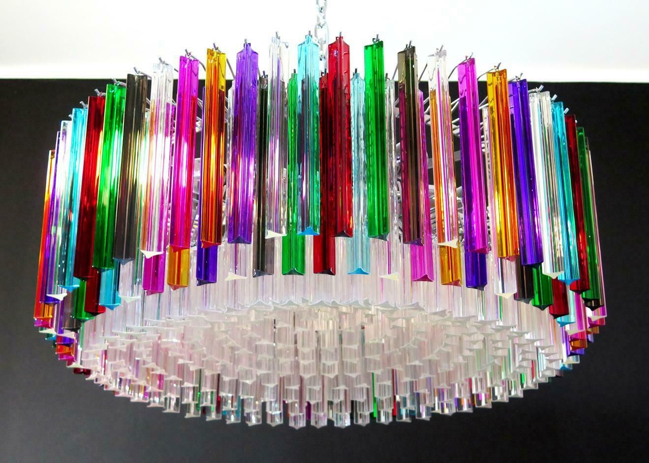9692.0 Pair Of Triedri Italian Glass Multicolour Chandeliers, Venini Style, Murano, 1995 photo