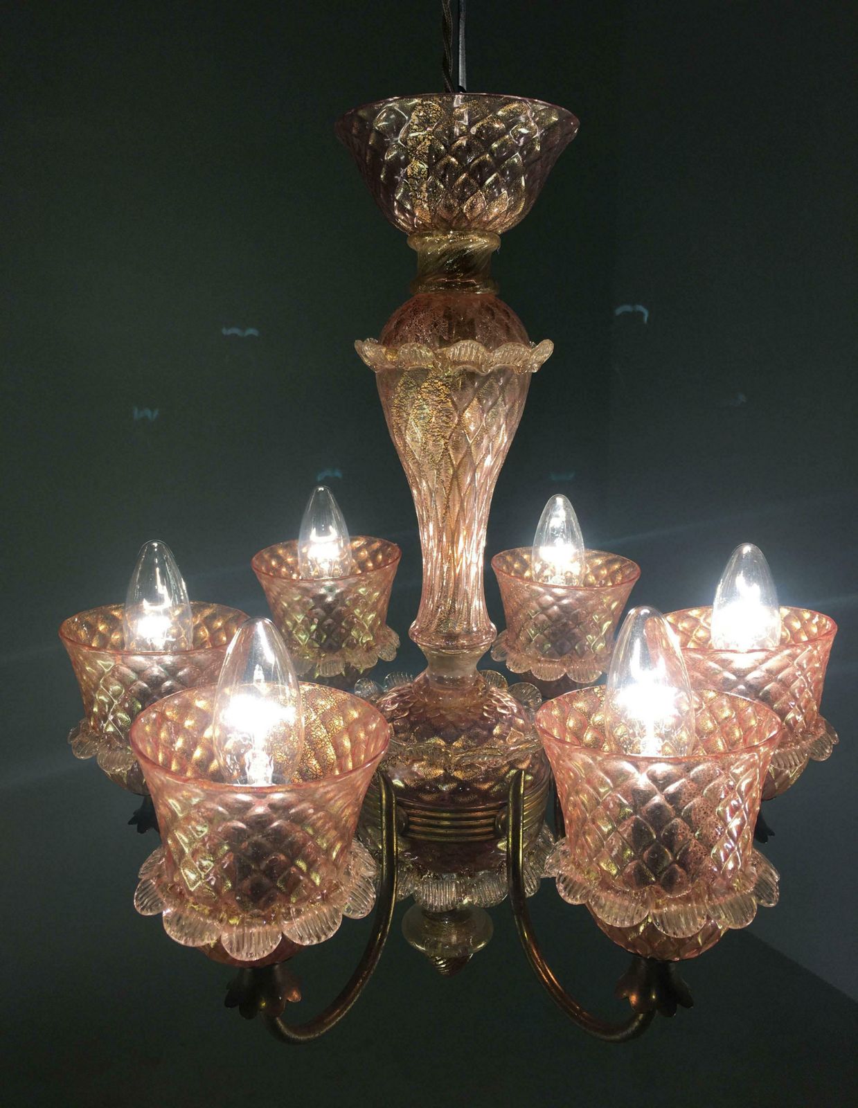 photo for sale Pink And Gold Chandelier By Barovier & Toso, Murano, 1950