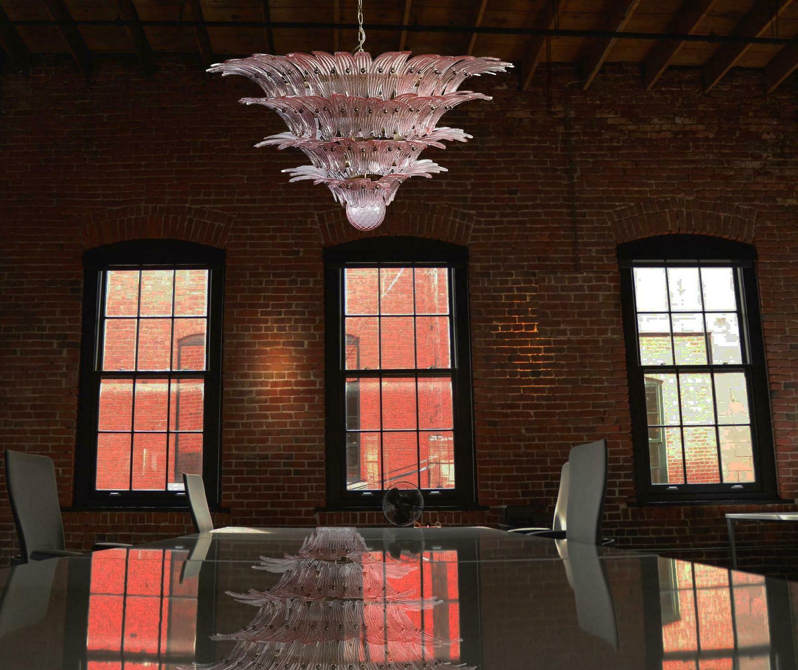Monumental Pair Of Pink Glass Leaf Chandeliers, Murano photo for sale
