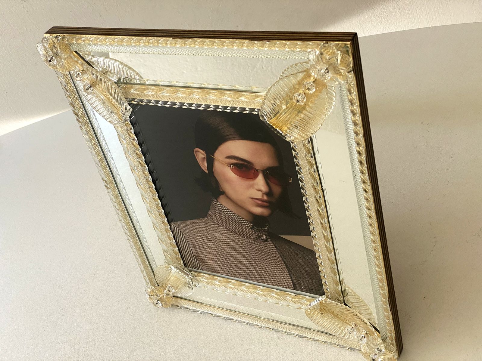 Transparent And Gold Murano Glass Photo Mirror Frame With Flowers And Hand Engraved photo furniture