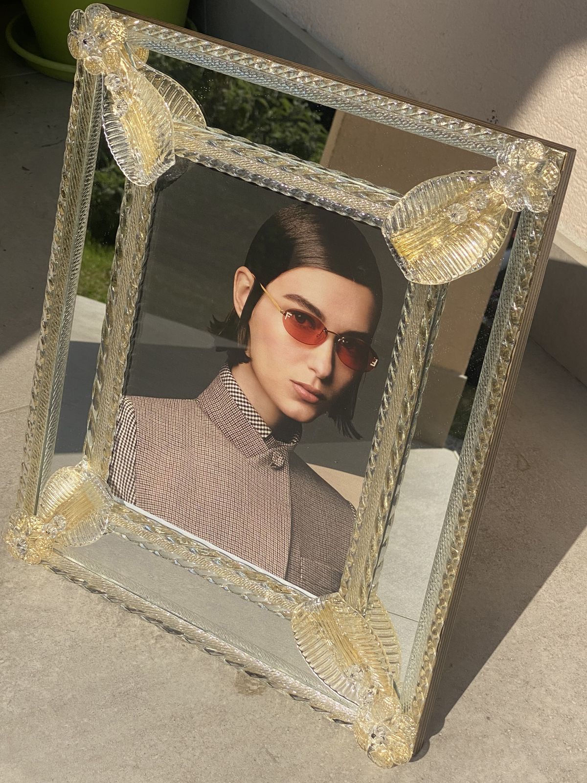 Transparent And Gold Murano Glass Photo Mirror Frame With Flowers And Hand Engraved photo 1798.0