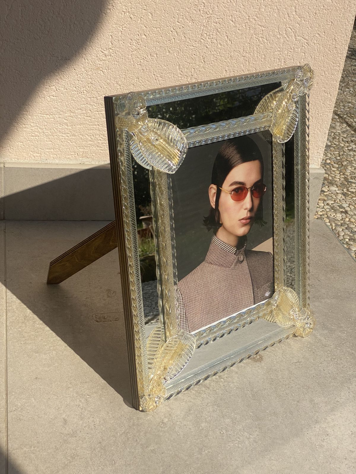 Home Decor Transparent And Gold Murano Glass Photo Mirror Frame With Flowers And Hand Engraved photo