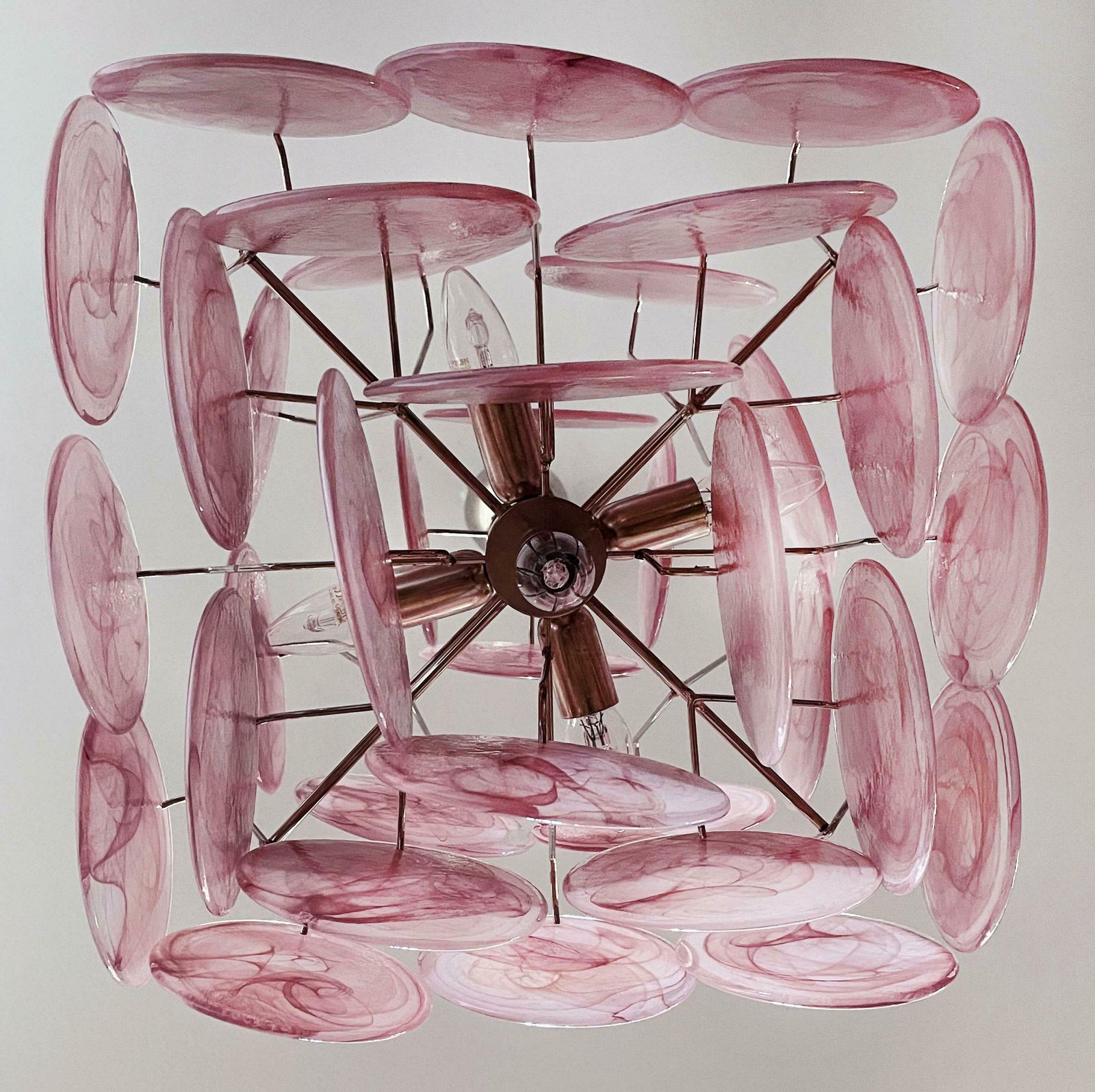 photo buy Pair Of Disc Pink Murano Glass Chandeliers By Vistosi Style