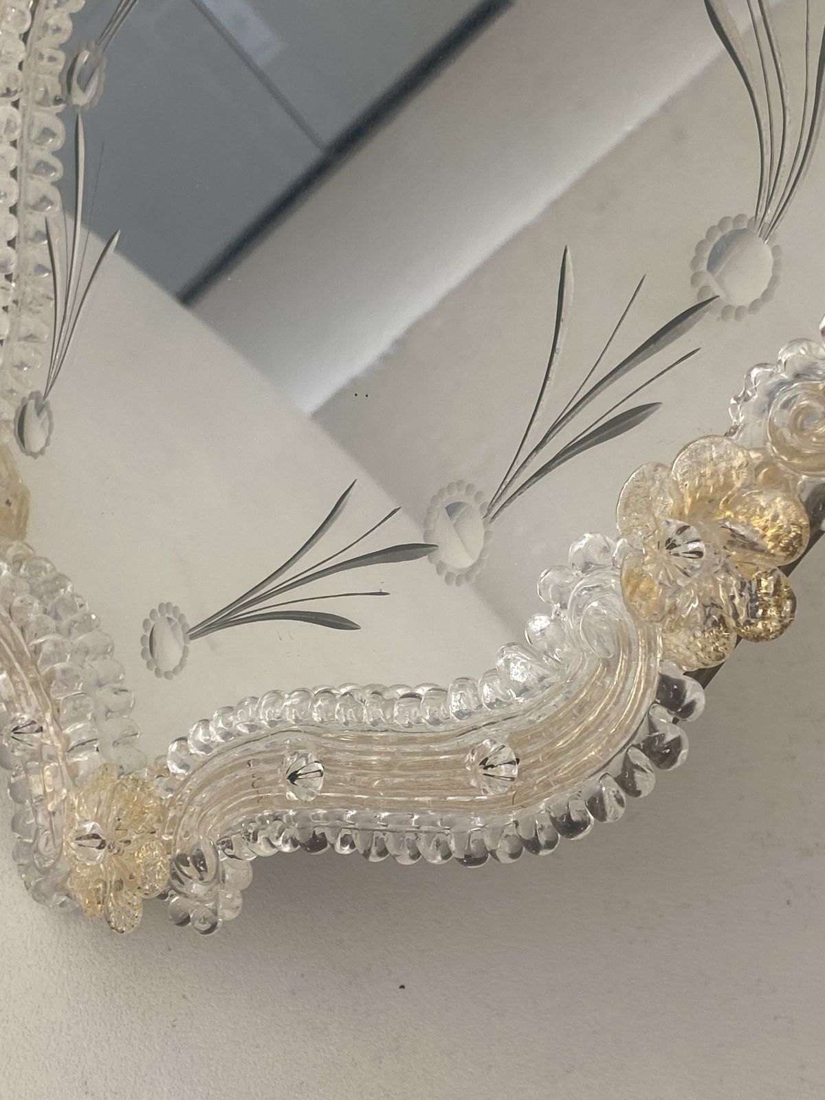 Transparent And Gold Murano Glass Photo Frame With Flowers And Hand Engraved.....Rare Artigian Italian Handmade photo furniture