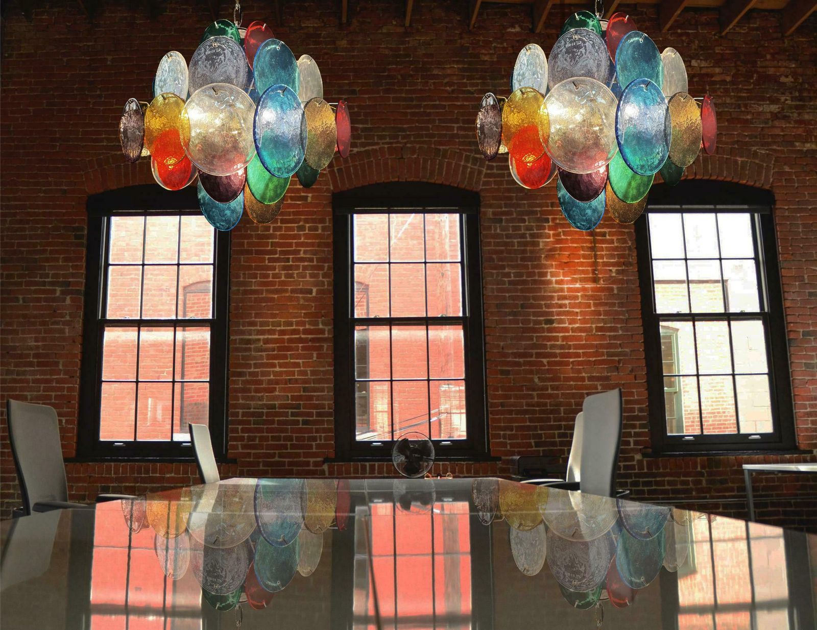 Pair Charming Mid Century Arlecchino Italian Disc Chandeliers, Murano, 1990s photo furniture