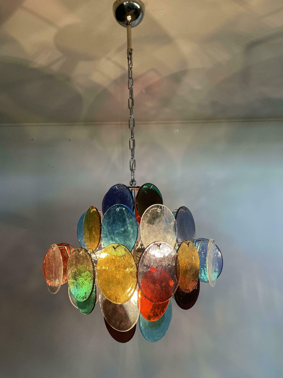 photo buy Pair Charming Mid Century Arlecchino Italian Disc Chandeliers, Murano, 1990s