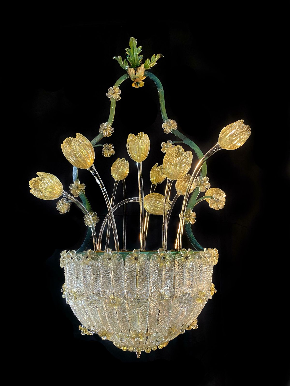 Amazing Glass Flower Chandelier With Gold Inclusions Murano 1950s photo furniture