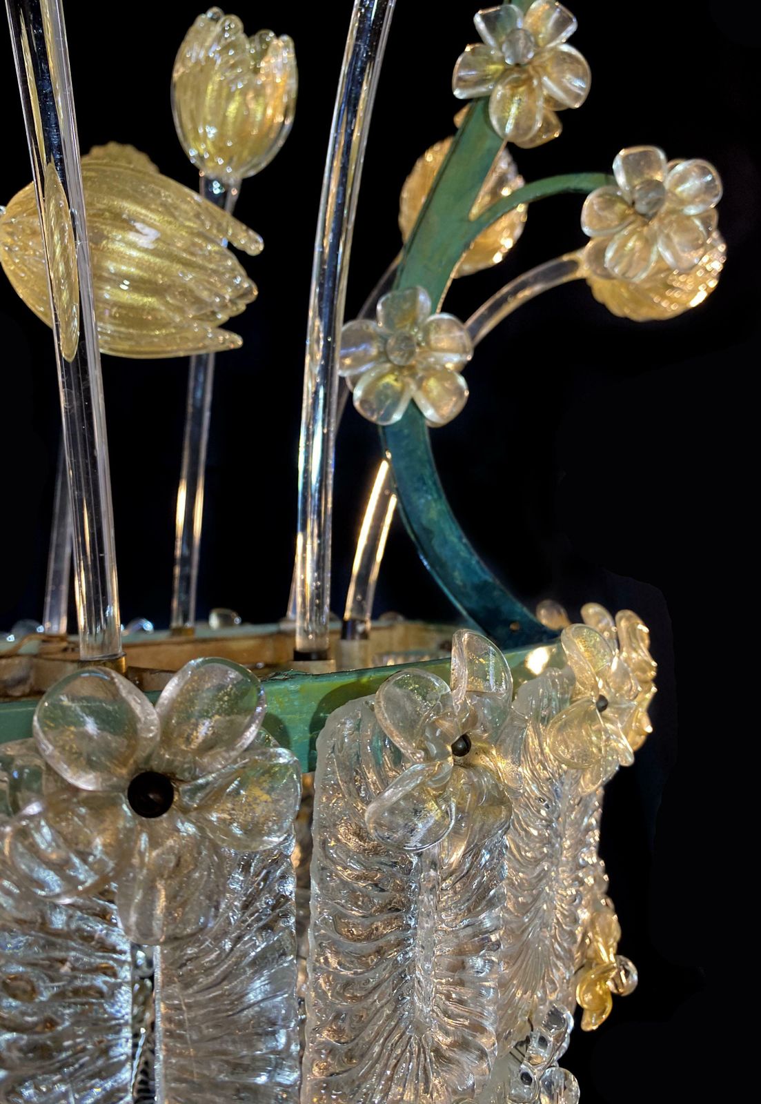 photo for sale Amazing Glass Flower Chandelier With Gold Inclusions Murano 1950s