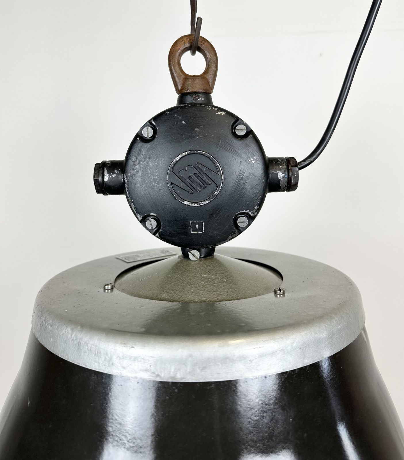 Industrial Black Enamel Factory Pendant Lamp, 1960s, 27x photo for sale