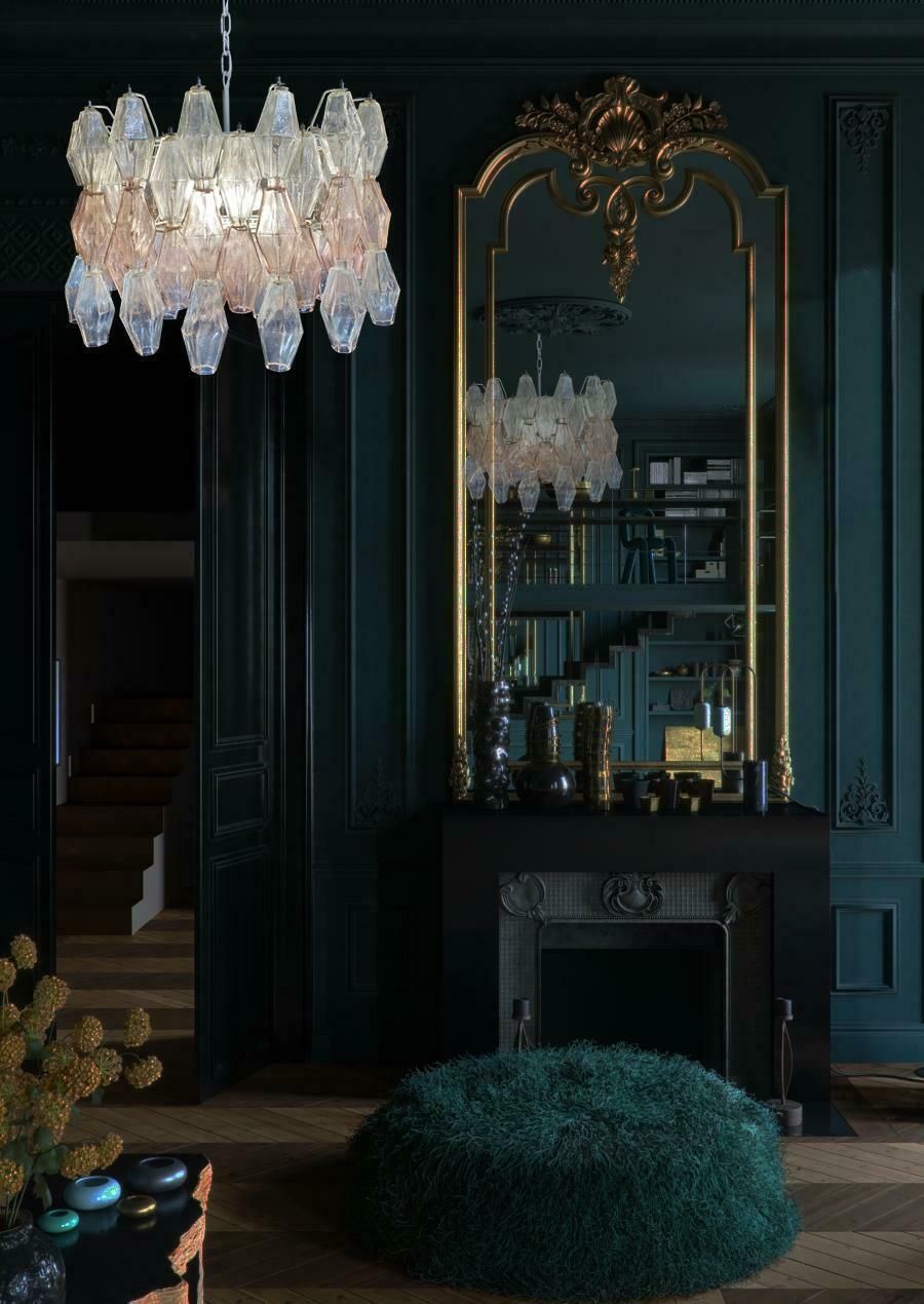 photo for sale Pair Of Original Poliedri Chandelier By Carlo Scarpa For Venini Murano 1960s