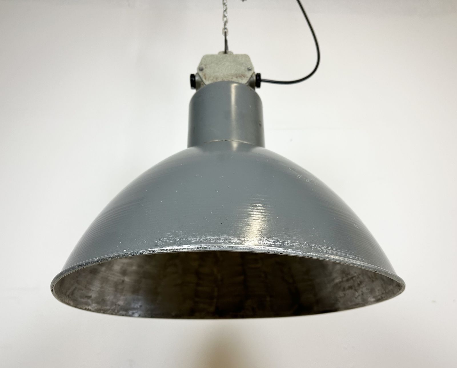 Grey Industrial Aluminium Pendant Lamp From Polam Wilkasy, 1960s, 2x photo vinterior