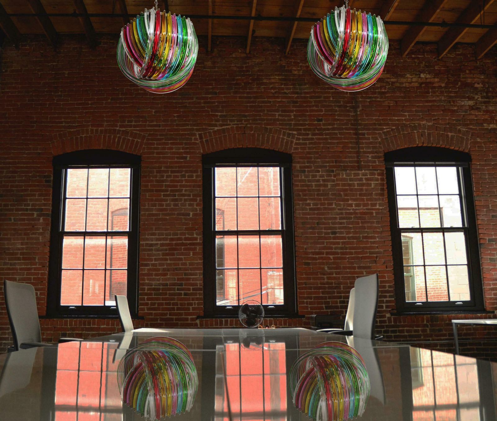 Pair Of Curvati Rainbow Ceiling Lights, Multicoloured Triedri, 24 Murano Glasses
