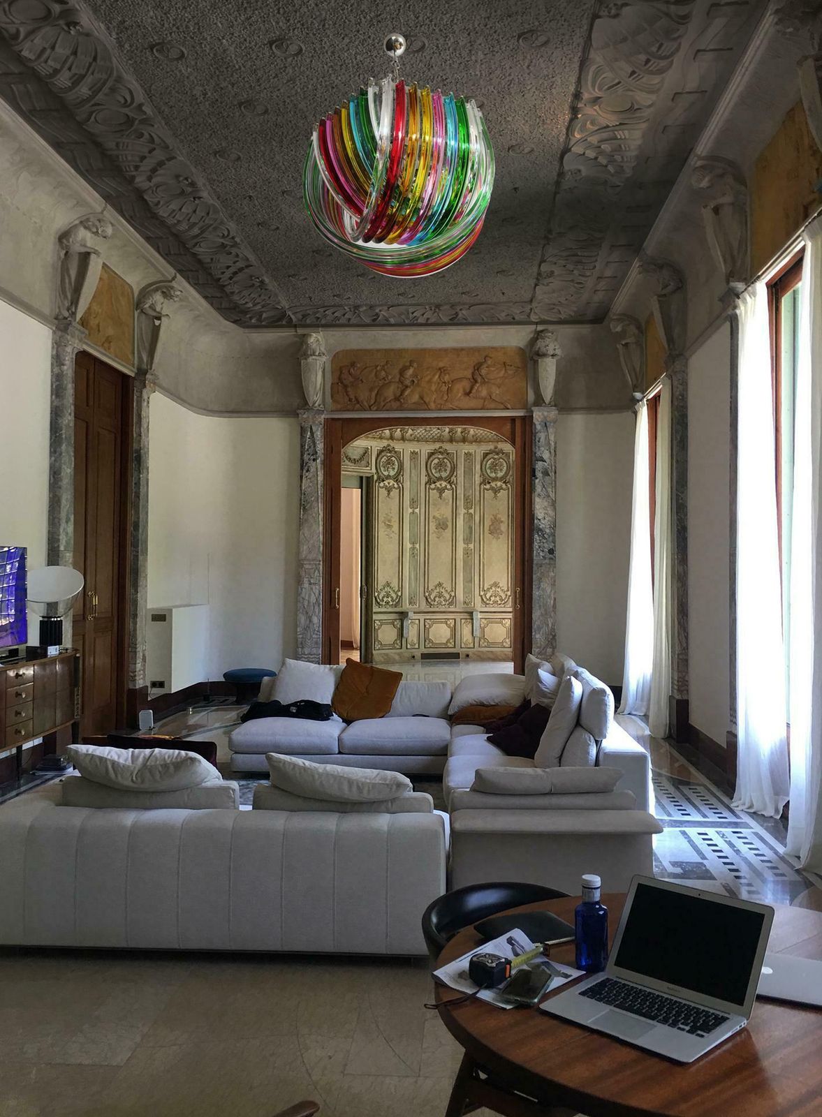 photo for sale Pair Of Curvati Rainbow Ceiling Lights, Multicoloured Triedri, 24 Murano Glasses