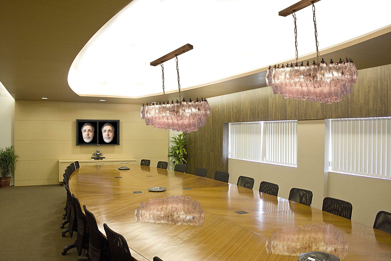 Amazing Pair Of Italian Pink Poliedri Chandeliers, Murano photo for sale