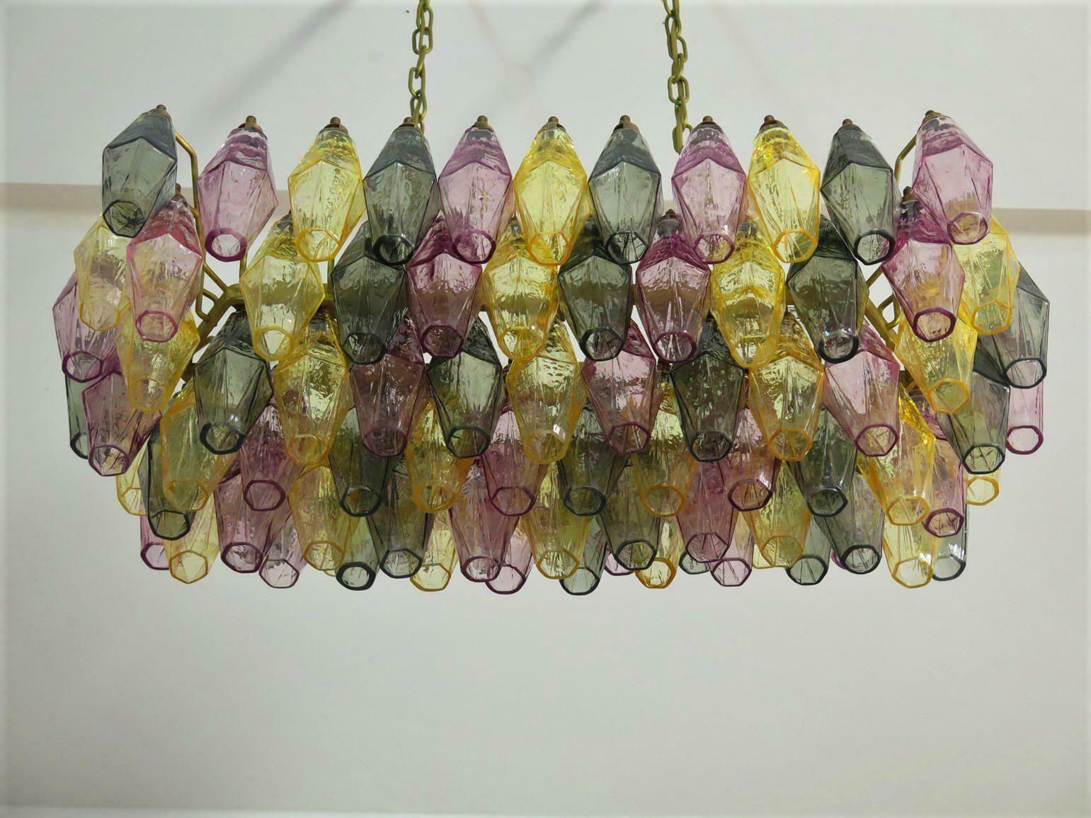 Pair Of Poliedri Candeliers, 84 Multicoloured Glasses, Murano photo vintage