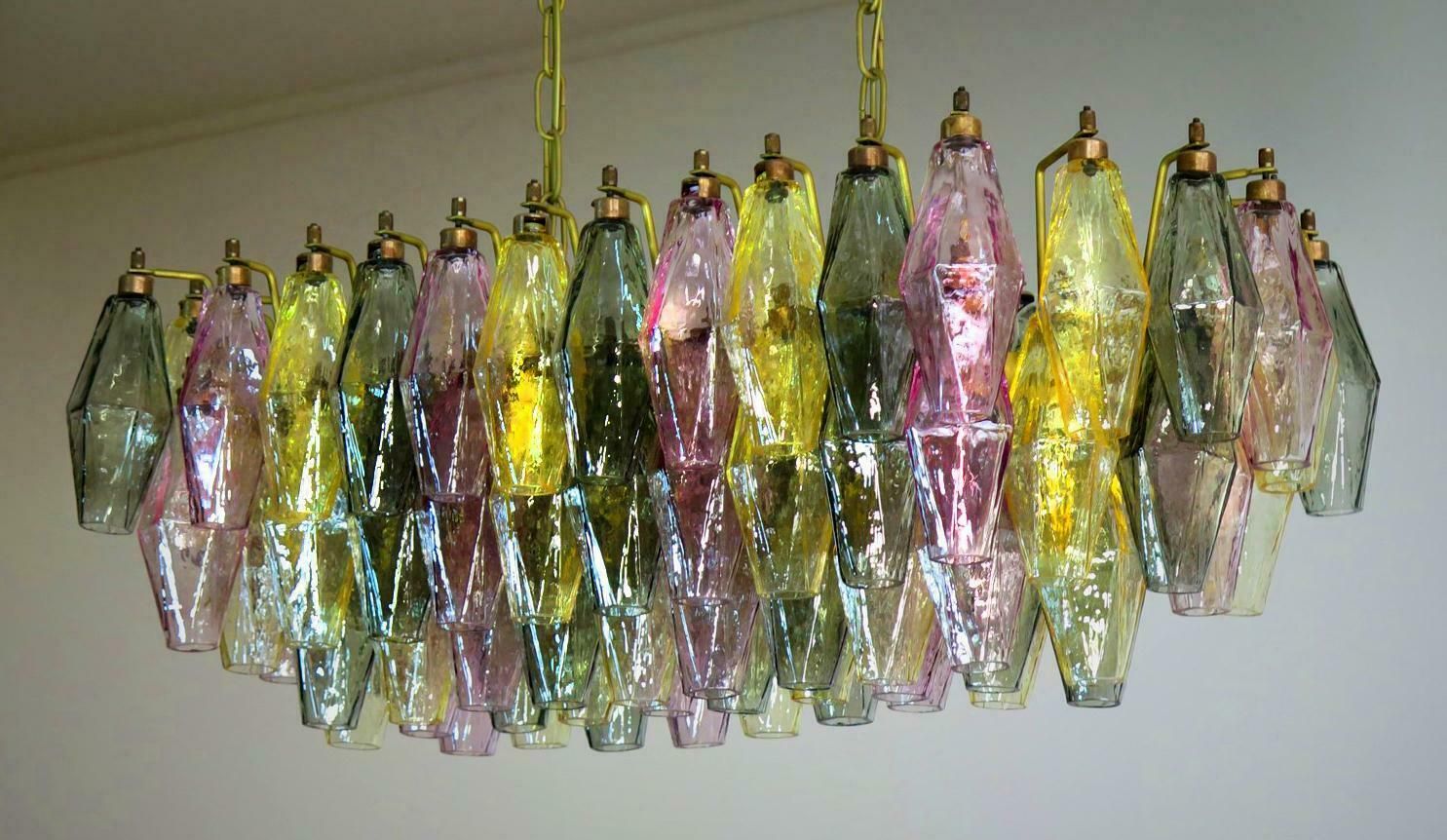 Lighting Pair Of Poliedri Candeliers, 84 Multicoloured Glasses, Murano photo