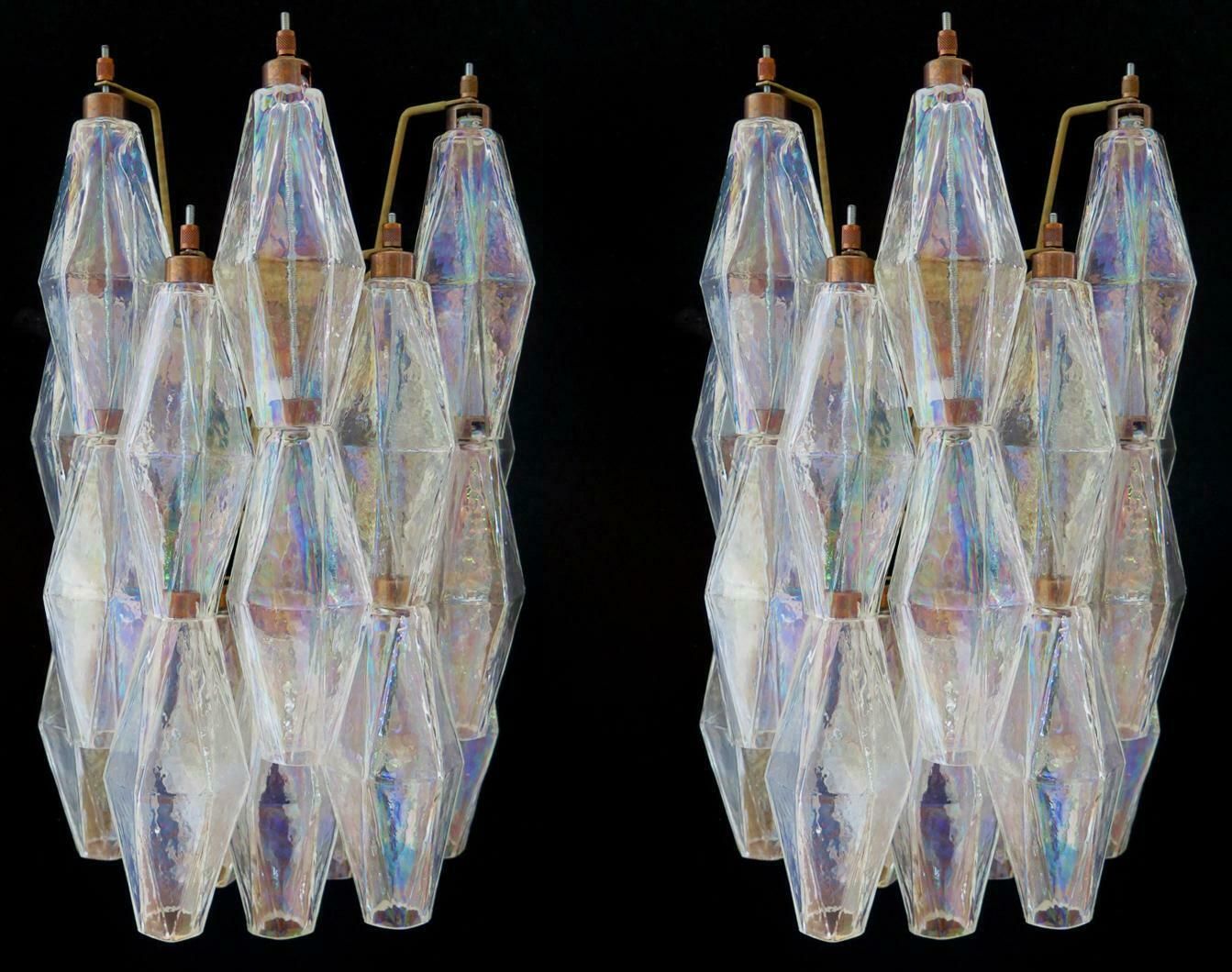 Set Of Six Sconces Iridescent Glass "Poliedri", Murano, 1970s photo Lighting