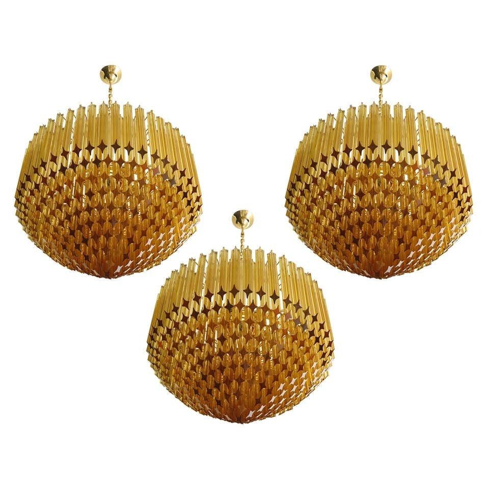 Trio Of Quadriedri Murano Glass Chandelier, 265 Amber Prism, Gold Frame