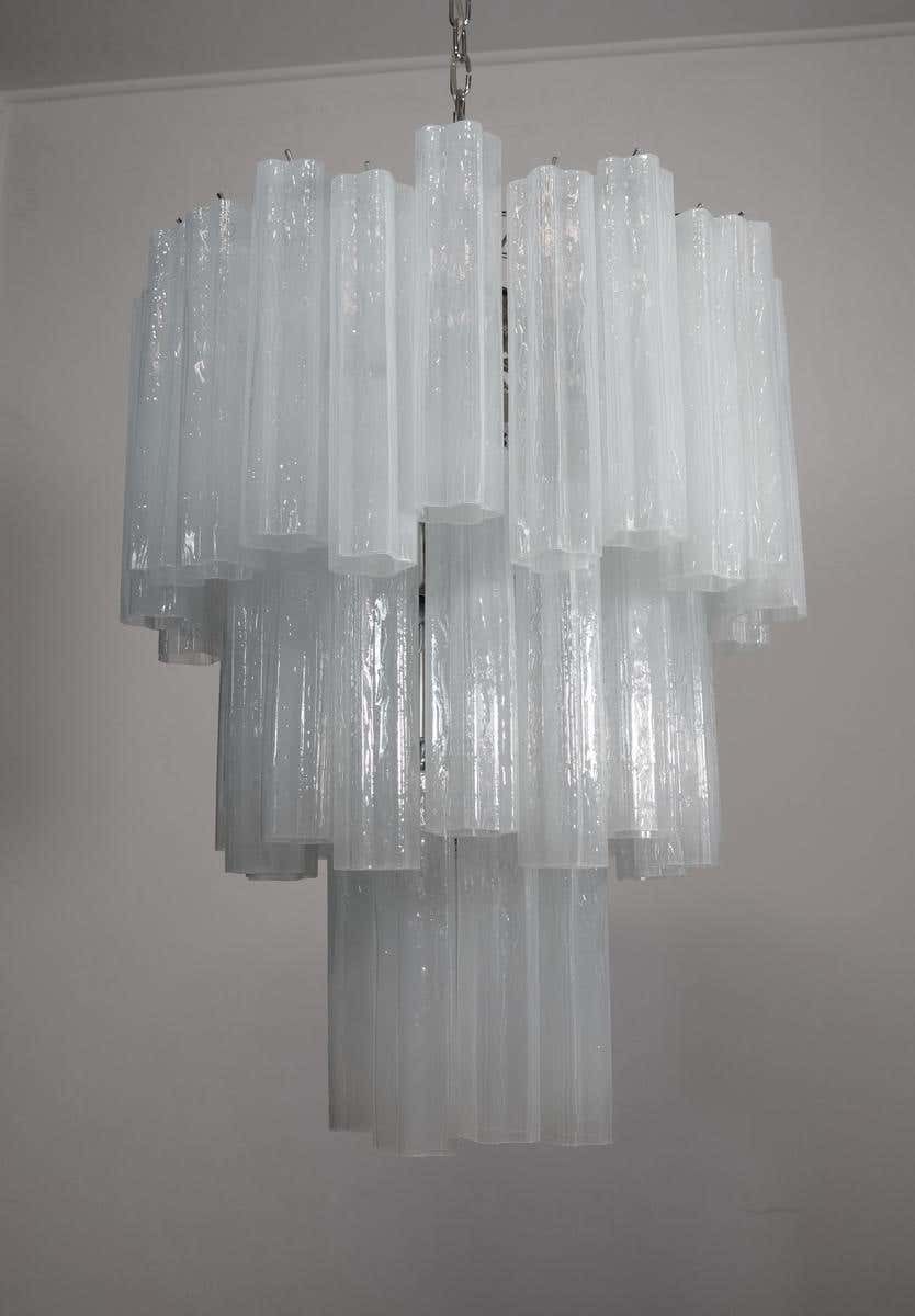 Pair Tronchi Chandeliers Style Toni Zuccheri, 48 White Glasses, Murano, 1990 photo 2827.0