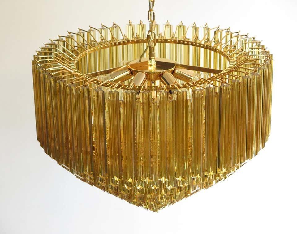 photo for sale Pair Of Quadriedri Murano Glass Chandelier, 265 Amber Prism, Gold Frame