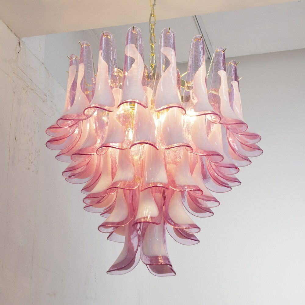 Lighting Petal Shaped Chandelier In Fuchsia And White Murano Glass, Italy, 1990s photo