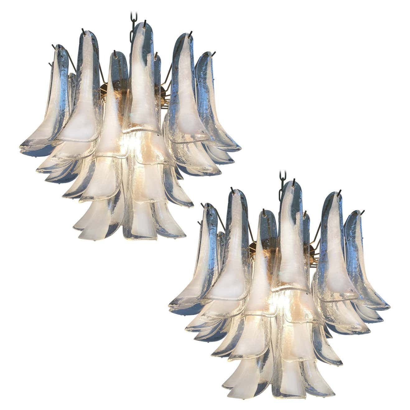 Elegant Pair Of 36 White Petal Chandeliers, Murano, 1990s