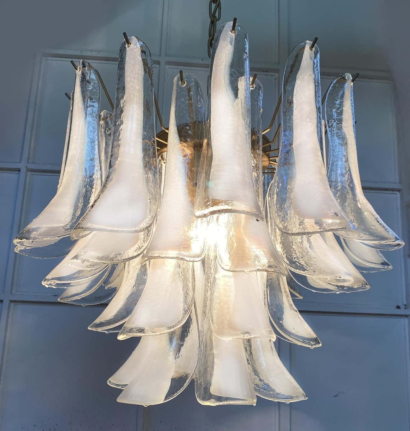 Elegant Pair Of 36 White Petal Chandeliers, Murano, 1990s photo furniture