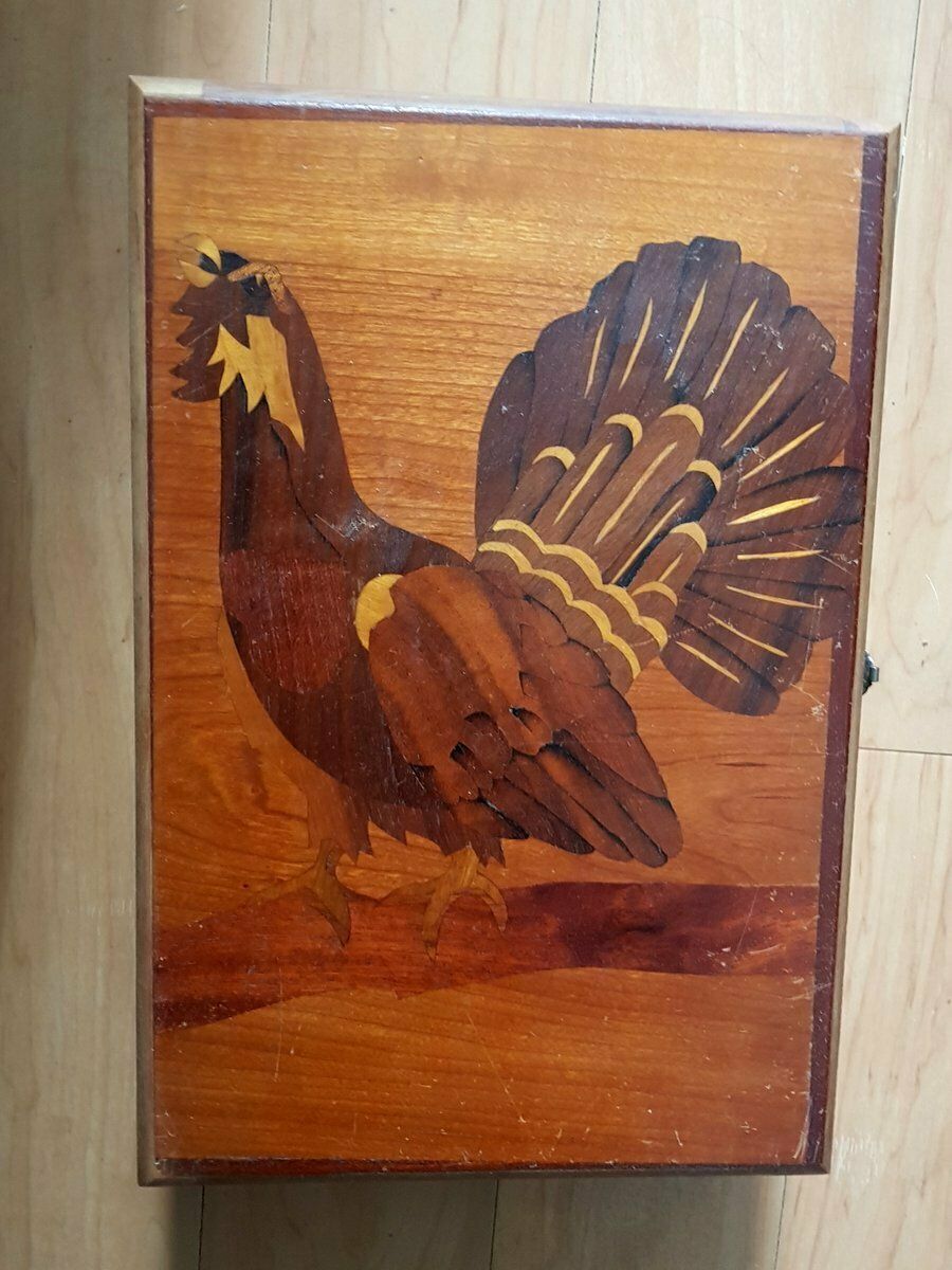 Antique Handmade Wooden Box With A Capercaillie Motif