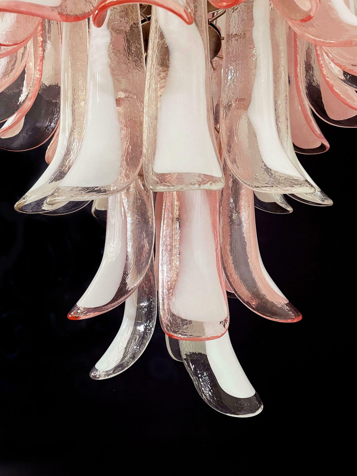 Fabulous Pair Of Italian 75 Pink And White Petal Chandeliers, Murano photo for sale
