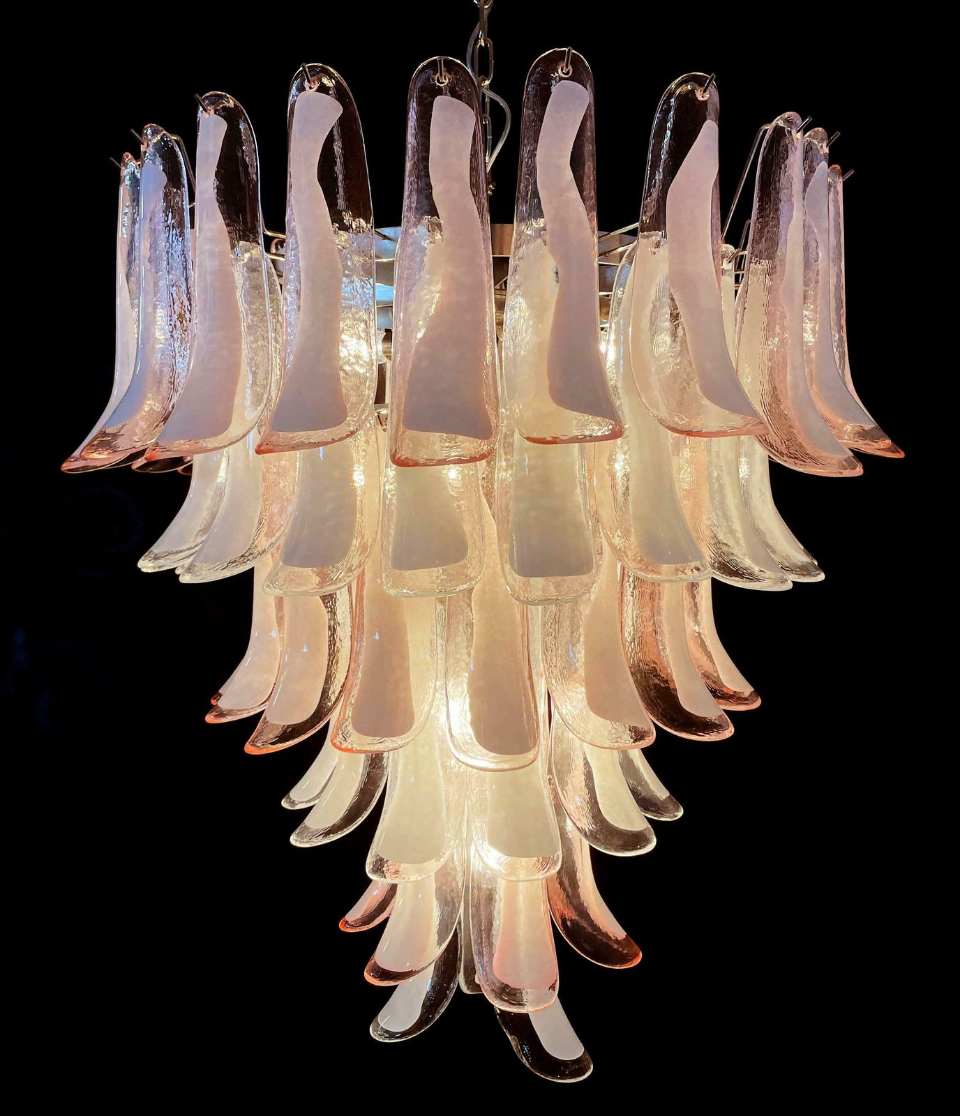 Fabulous Pair Of Italian 75 Pink And White Petal Chandeliers, Murano photo buy