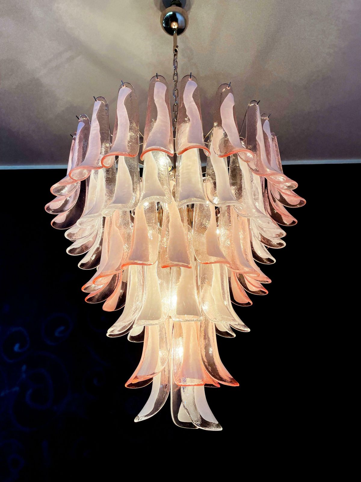 Lighting Fabulous Pair Of Italian 75 Pink And White Petal Chandeliers, Murano photo
