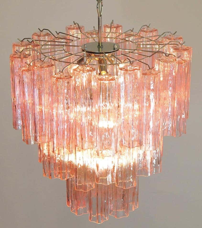 3877.0 Pair Tronchi Chandeliers Toni Zuccheri Style, 48 Pink Glasses, Murano, 1990 photo