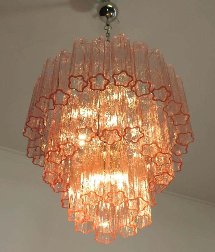 photo vinterior Pair Tronchi Chandeliers Toni Zuccheri Style, 48 Pink Glasses, Murano, 1990