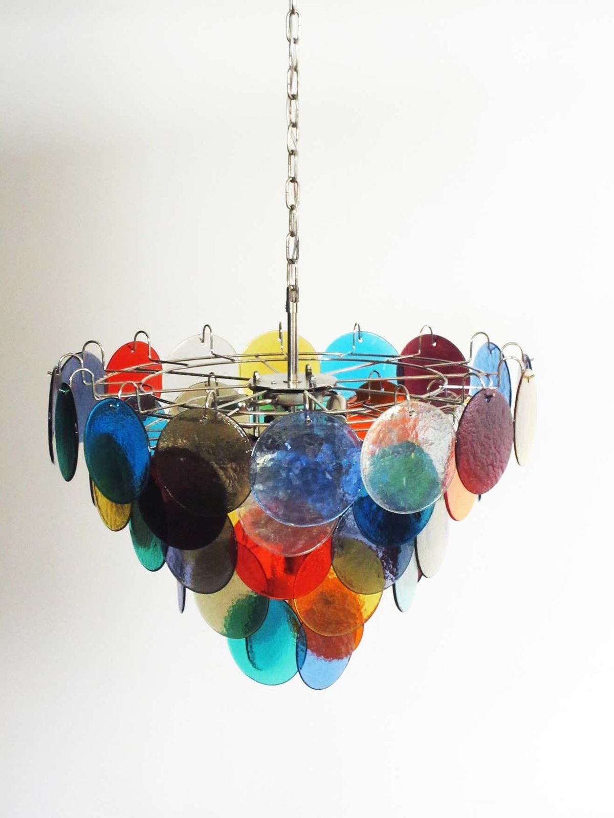 Pair Of Italian 50 Multicoloured Glass Discs Chandeliers, Murano photo furniture