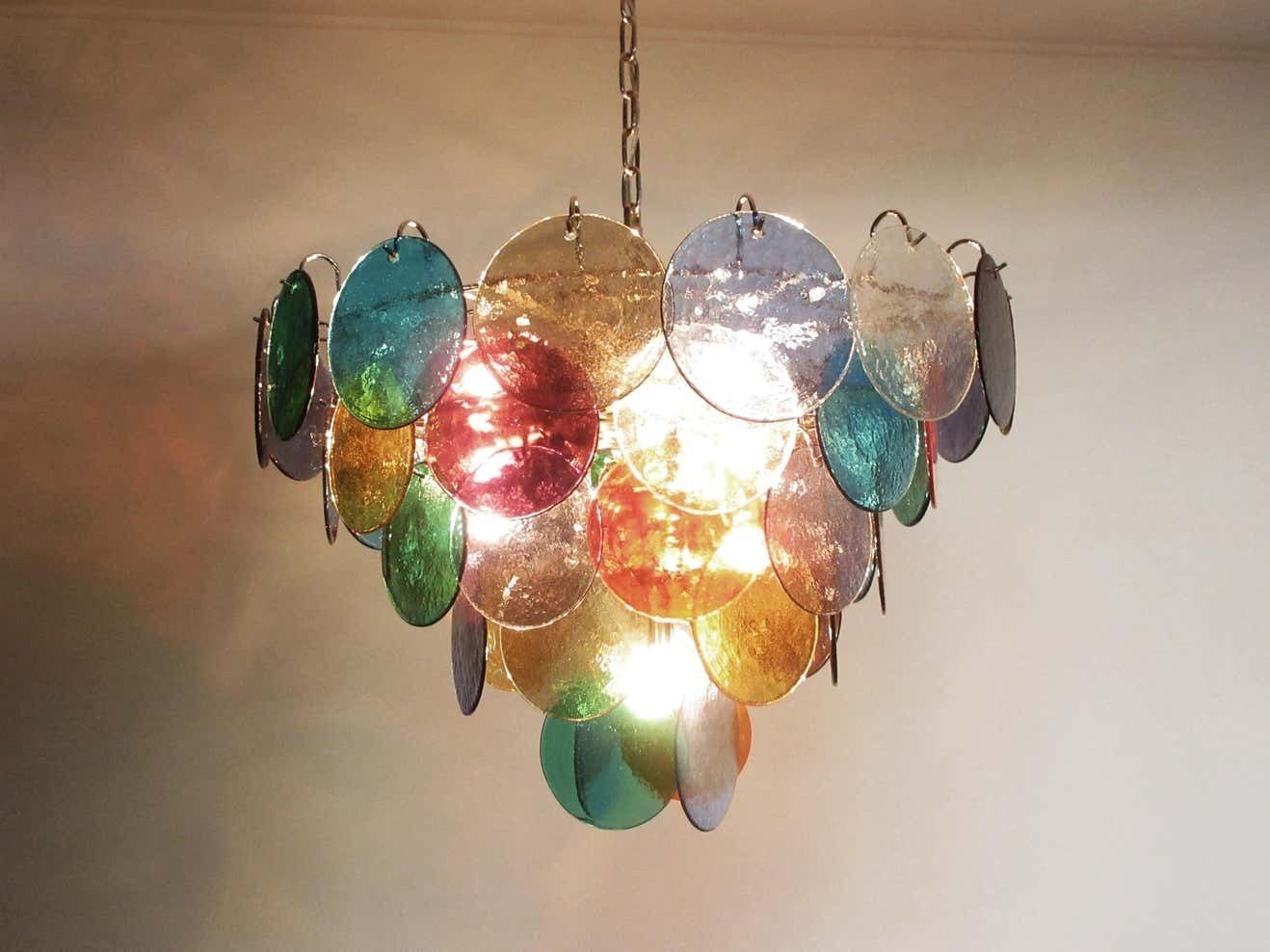 Pair Of Italian 50 Multicoloured Glass Discs Chandeliers, Murano photo for sale