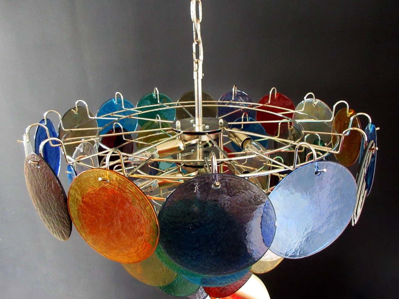 Pair Of Italian 50 Multicoloured Glass Discs Chandeliers, Murano photo buy