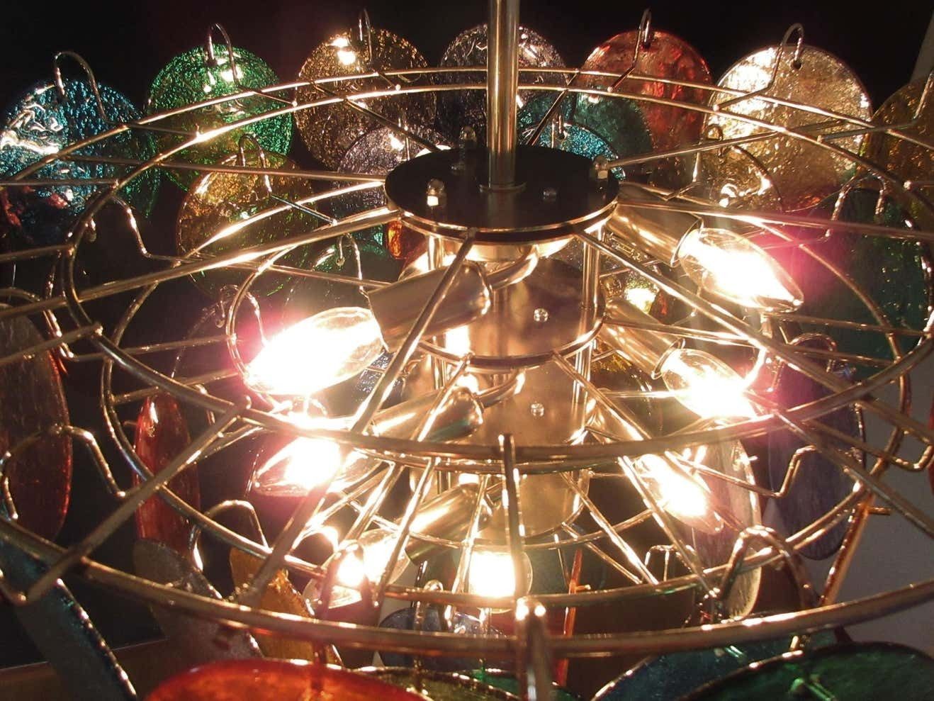 Pair Of Italian 50 Multicoloured Glass Discs Chandeliers, Murano photo vintage