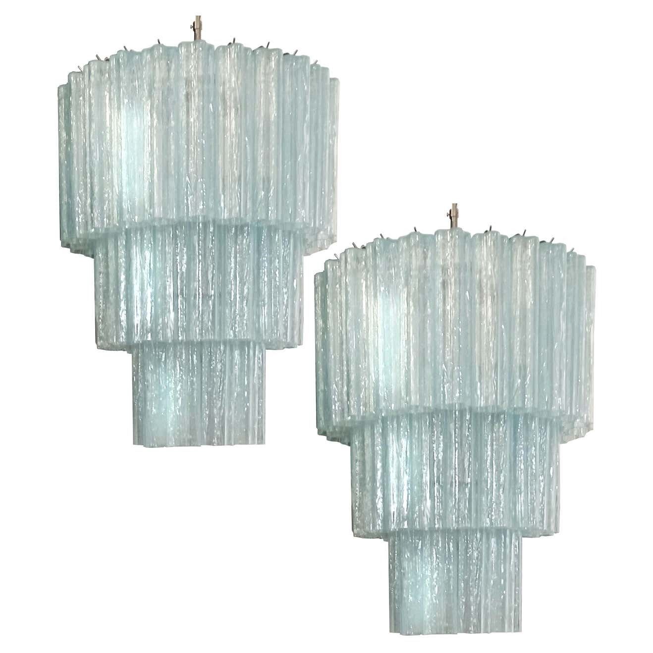 Pair Tronchi Chandeliers Toni Zuccheri Style, 48 Pink Glasses, Murano, 1990