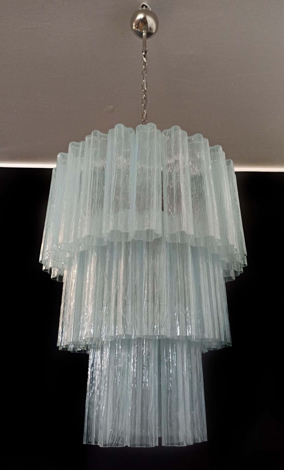 photo for sale Pair Tronchi Chandeliers Toni Zuccheri Style, 48 Pink Glasses, Murano, 1990