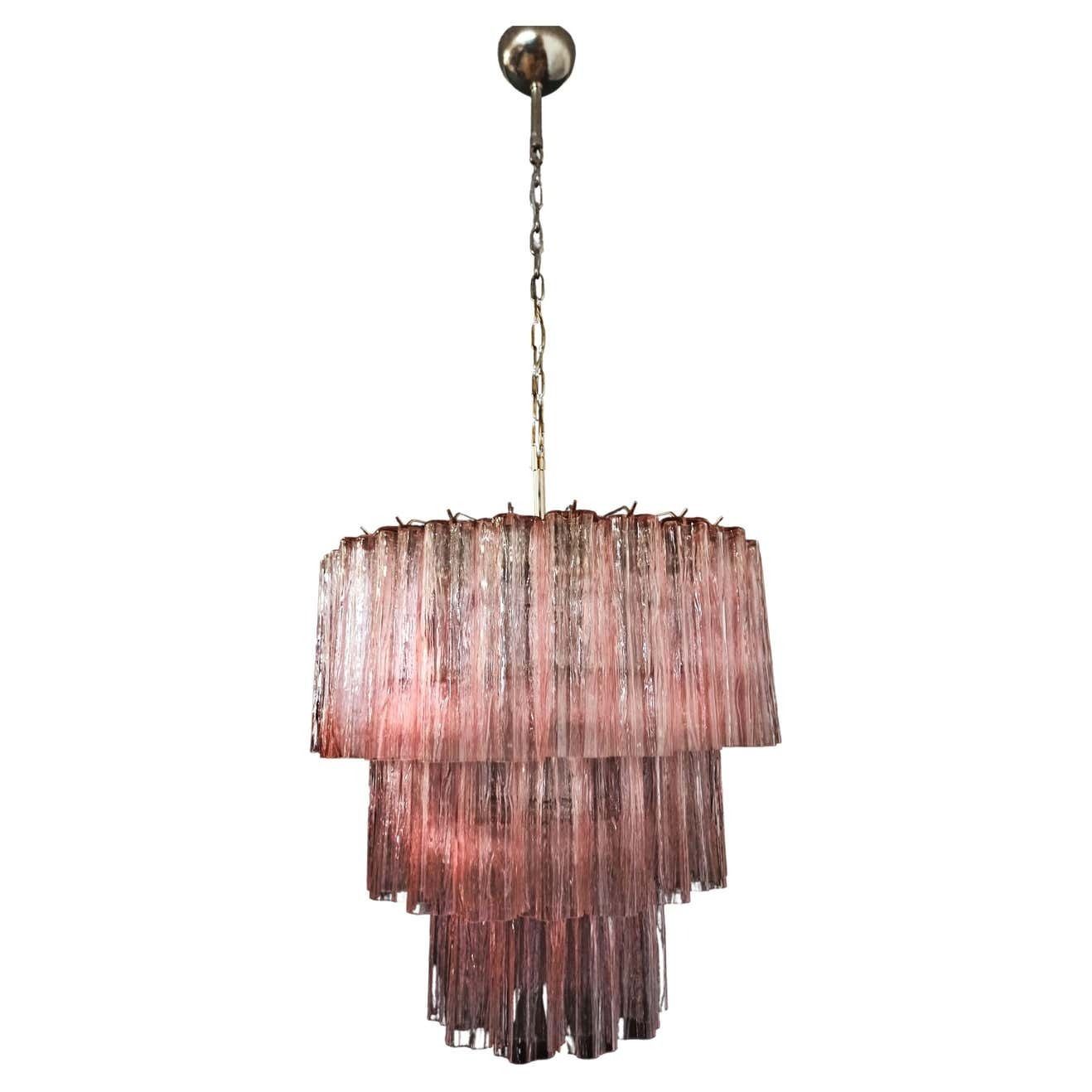 Pair Of 52 Pink Tronchi Chandeliers Style Toni Zuccheri For Venini, Murano photo for sale