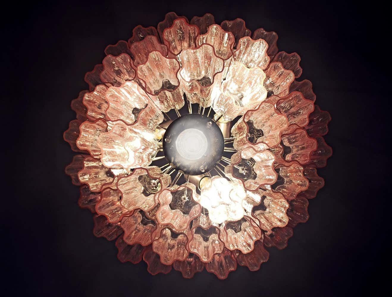 photo for sale Pair Of 52 Pink Tronchi Chandeliers Style Toni Zuccheri For Venini, Murano
