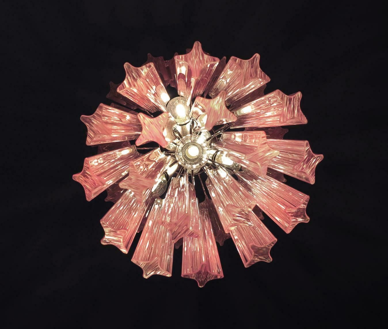 Charming Pair Of 46 Quadriedri Glass Chandeliers, Pink Prism, Murano photo Lighting