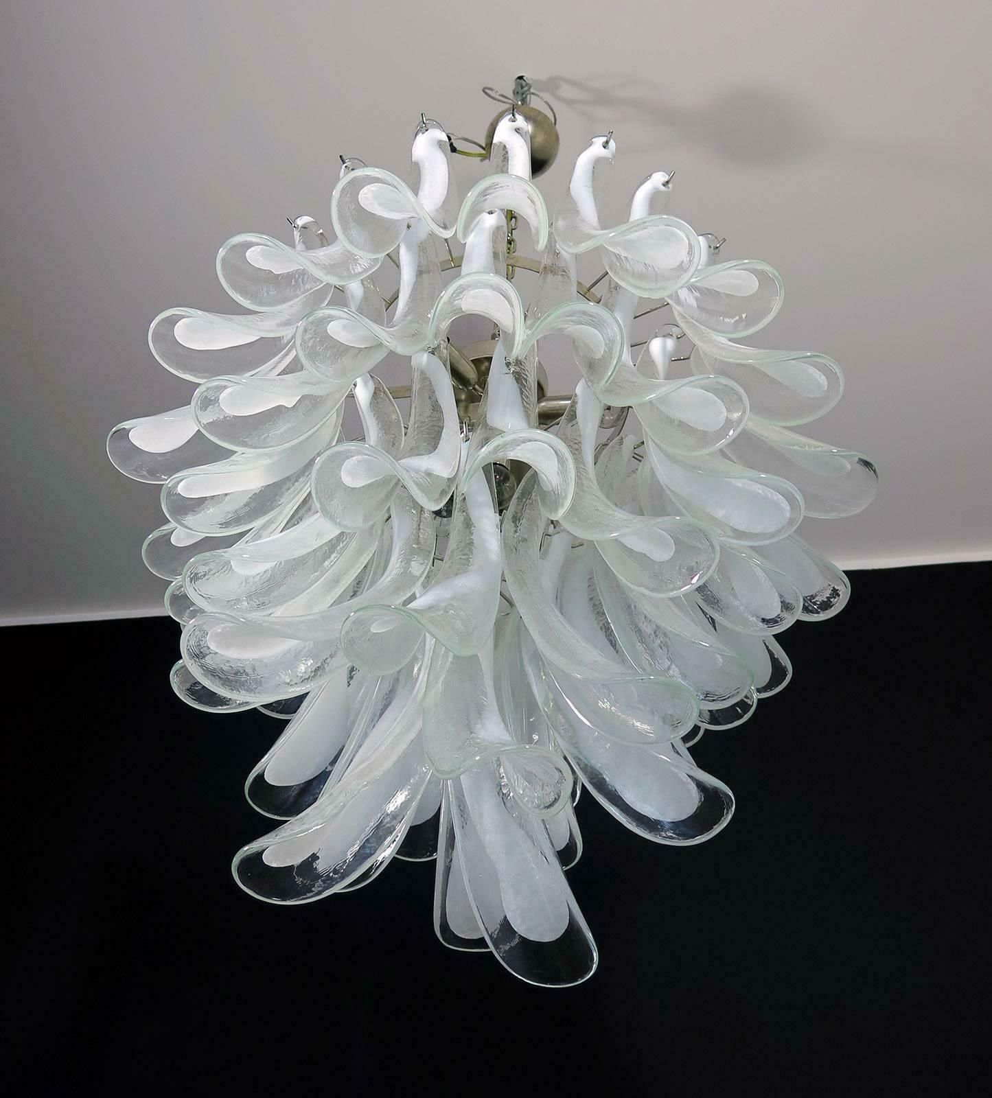 Pair Of Italian Murano 52 White Petals Chandeliers, Murano photo Lighting