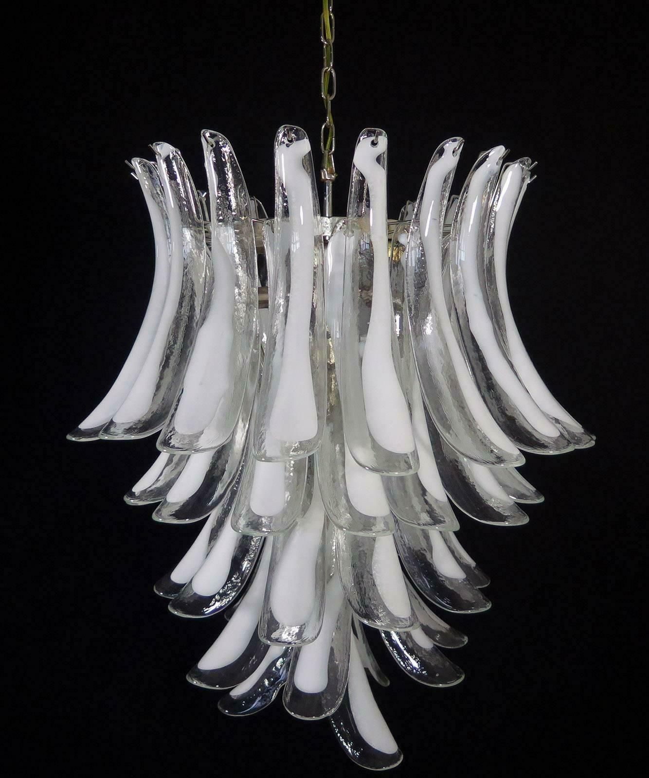Pair Of Italian Murano 52 White Petals Chandeliers, Murano photo vinterior