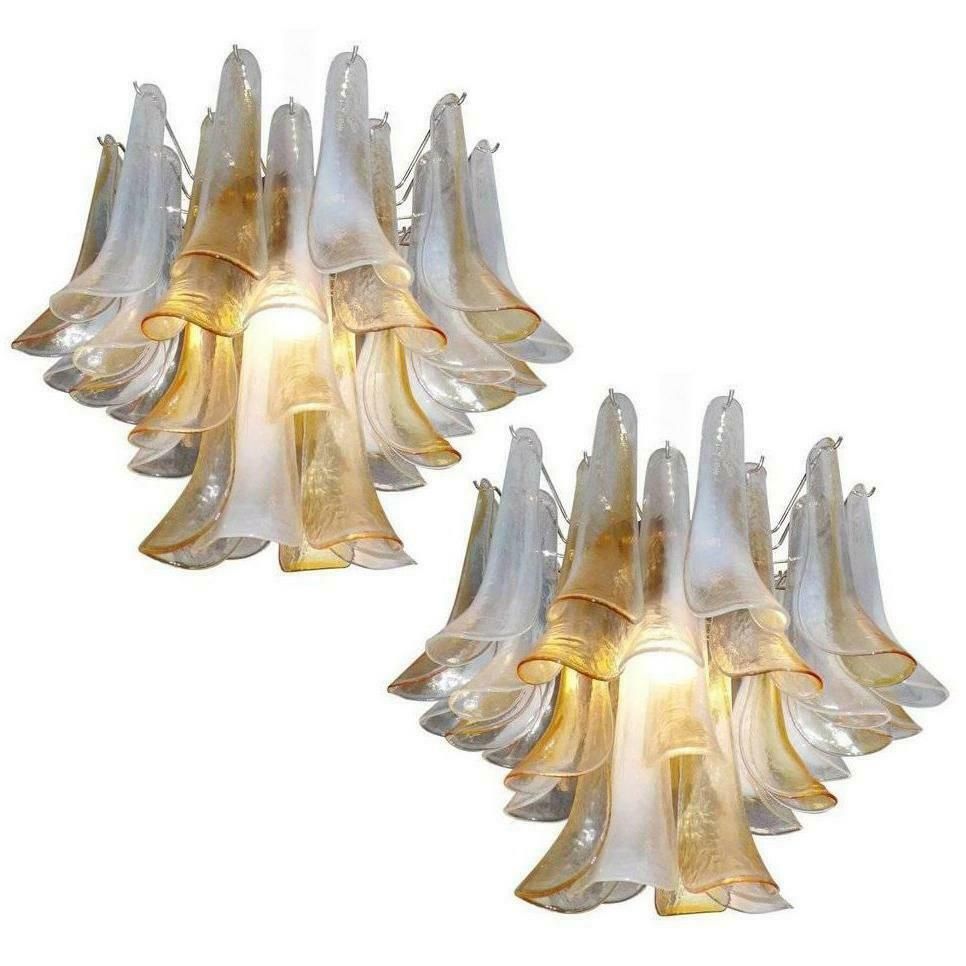 Elegant Pair Of Chandeliers White And Amber Petals, Murano, 1990s