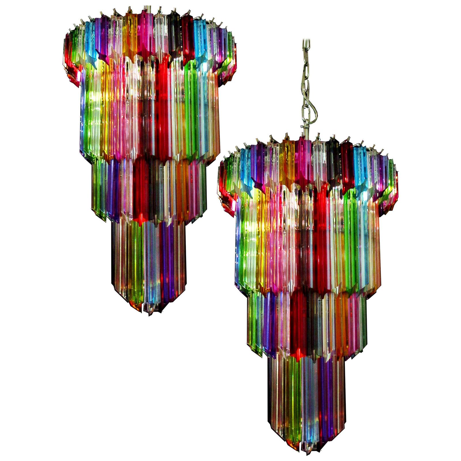 Pair Of Italian Chandelier Multicoloured Quadriedri, Murano