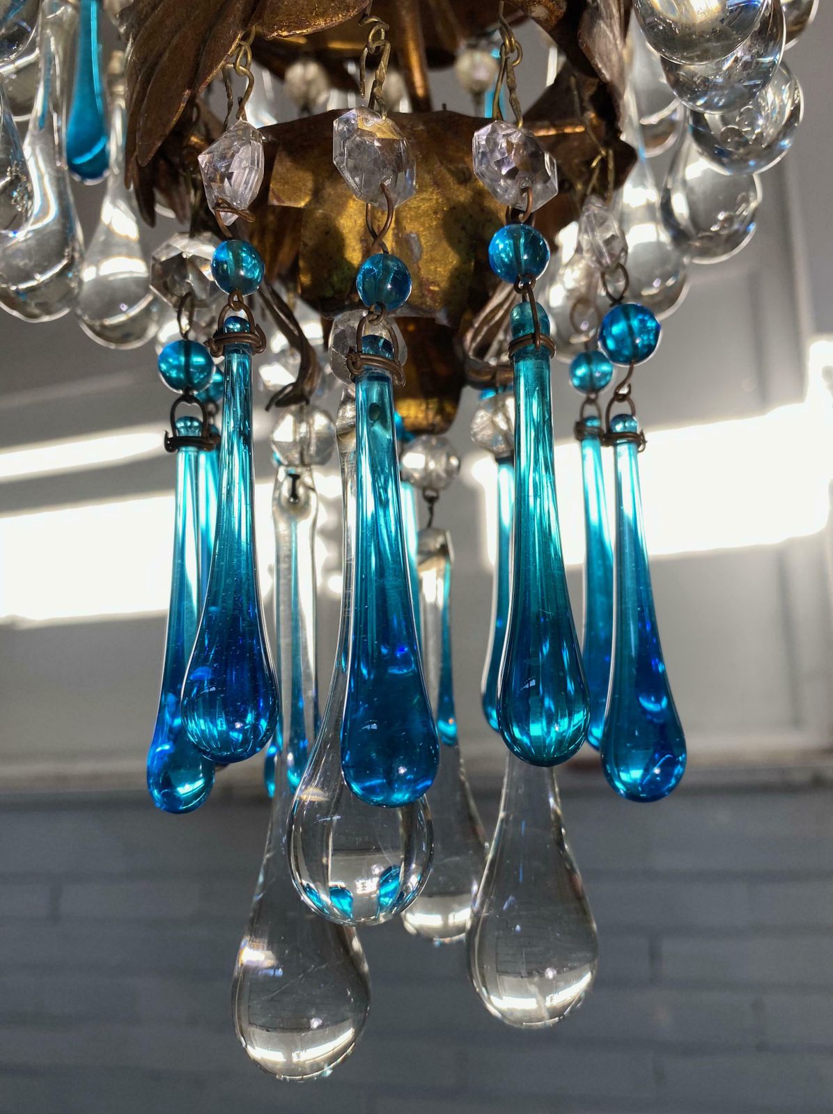Lovely Chandelier With White Roses And Blue Drops, Murano, 1950s photo 2016.0