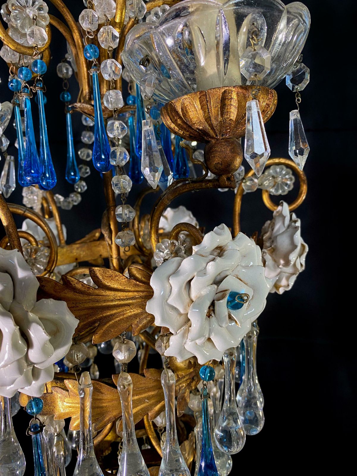 photo for sale Lovely Chandelier With White Roses And Blue Drops, Murano, 1950s