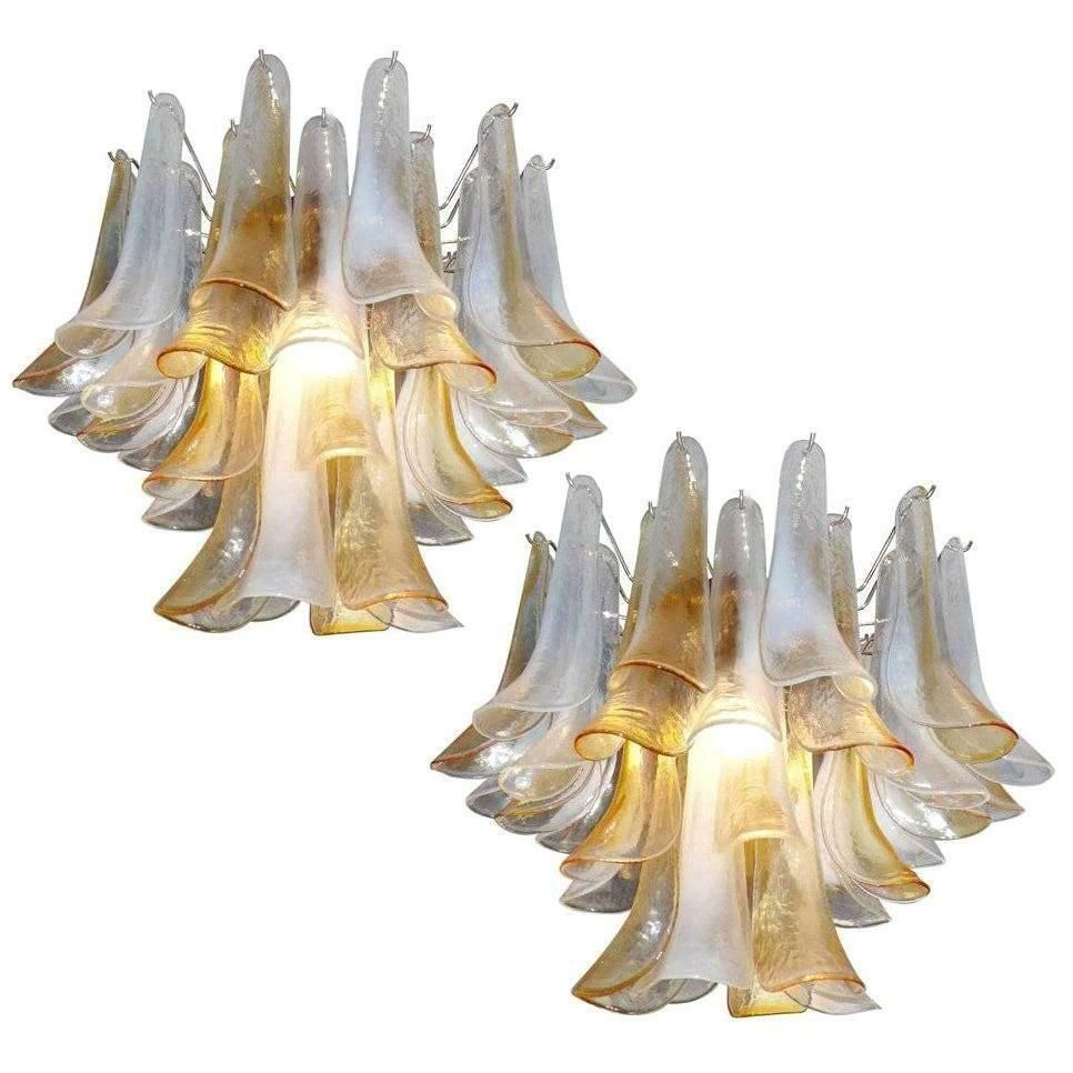 Elegant Pair Of Chandeliers 36 White And Amber Petals, Murano, 1990s