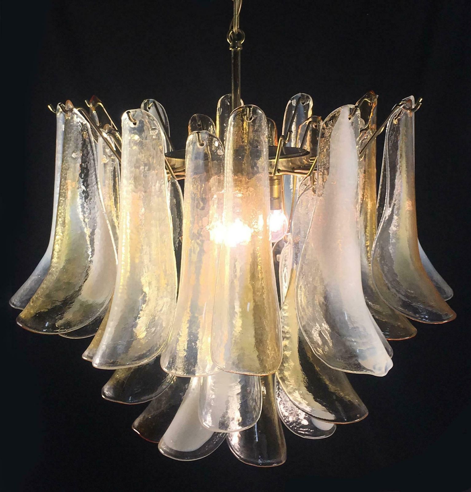 Elegant Pair Of Chandeliers 36 White And Amber Petals, Murano, 1990s photo Lighting